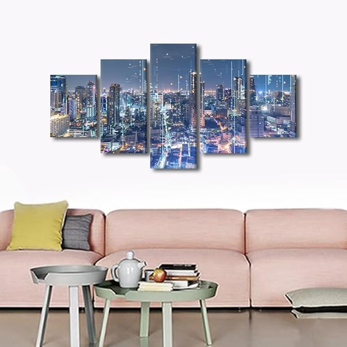 5 Panel Sense of Technology Poster Native Americans Home Wall Decoration Big Data Worker Bedroom Canvas Decorate Modern City Landscape Picture Printing Frame and Stretched Ready to Hang 60x32 Inch