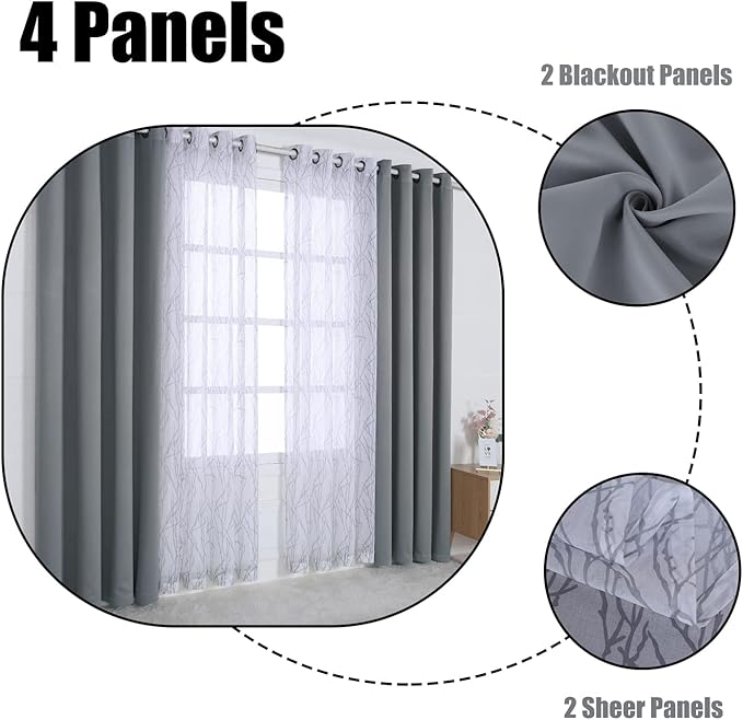 BONZER Mix and Match Curtains - 2 Pieces Branch Print Sheer Curtains and 2 Pieces Blackout Curtains for Bedroom Living Room Grommet Window Drapes, 37x84 Inch/Panel, Light Grey, Set of 4 Panels