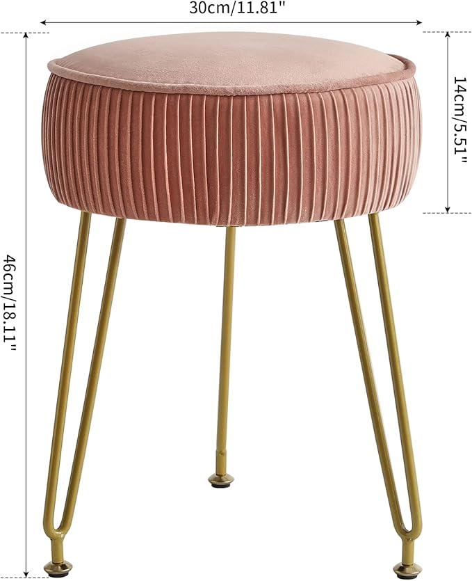 IBUYKE Velvet Round Footrest Ottoman, Makeup Vanity Stool Side Table, Velvet Dressing Table Seat, Pouf Couch Stool, Golden Steel Legs, Pink LG-30P