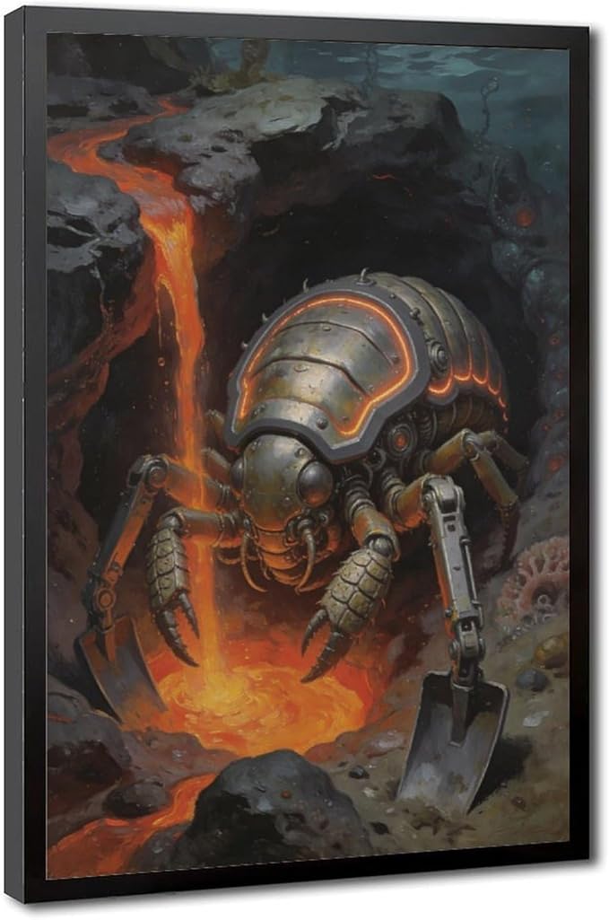 Framed Steampunk Mechanical Trilobite Wall Art - Volcanic Underwater Retro Poster for Garage Apartment Decor 24x36in