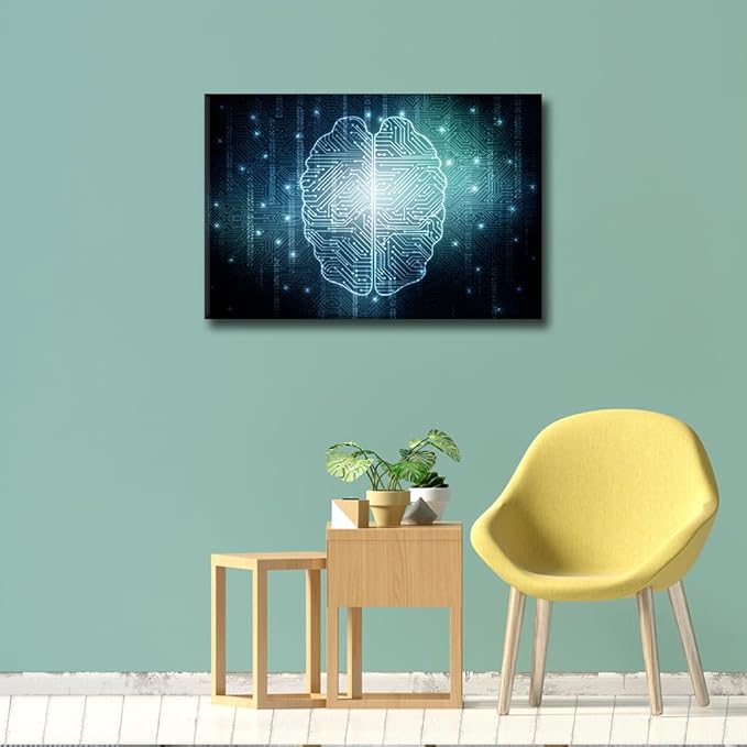 TUMOVO Wall Decor Digital Technology Canvas Wall Art Artificial Intelligence Brain Modern Artwork for Office Picture Print on Canvas Framed Ready to Hang for Living Bedroom Home, 24x16in