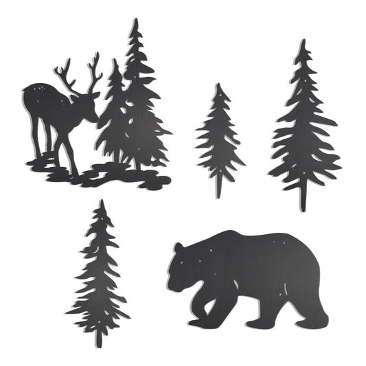 OYEFLY 5 Pieces Deer Bear Pine Tree Wall Decor,Rustic Wood Art Wall Decor (Black)