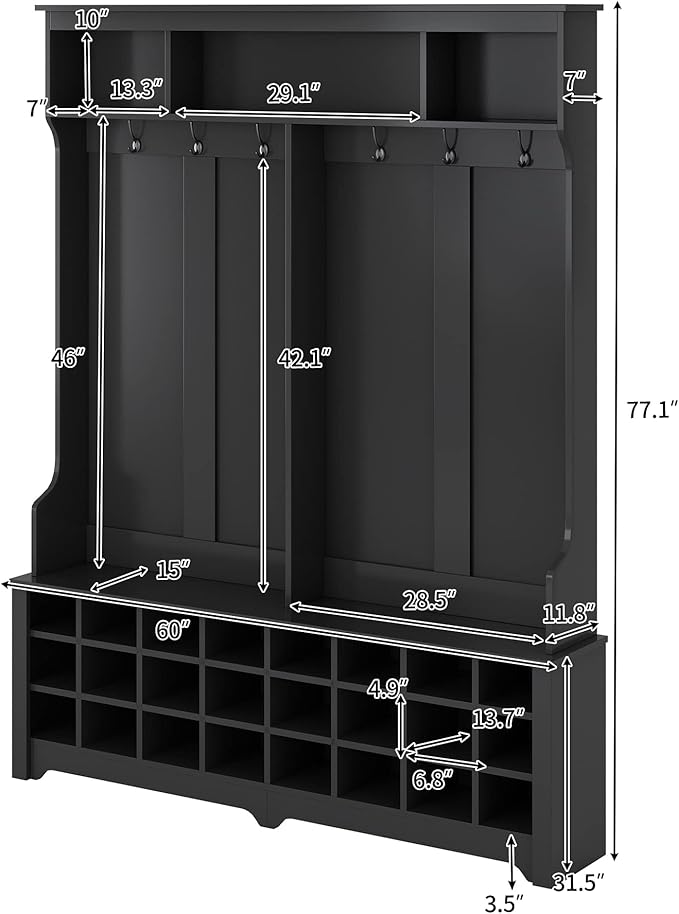 RUNNA Stylish Versatile 60" Wide Coat Rack with Metal Black Hooks and 24 Shoe Cubbies,Hall Tree with 3 Top Shelves and Bench,for Hallway Entryway Mudroom Use (Black@e)