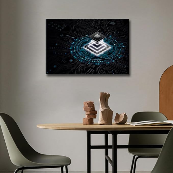 TUMOVO AI Canvas Wall Art CPU Concept Paintings Computer Chip Prints on Canvas Digital Age Modern Artwork Pictures for Living Room Bedroom Wall Decor Giclee Framed Ready to Hang, 36x24in