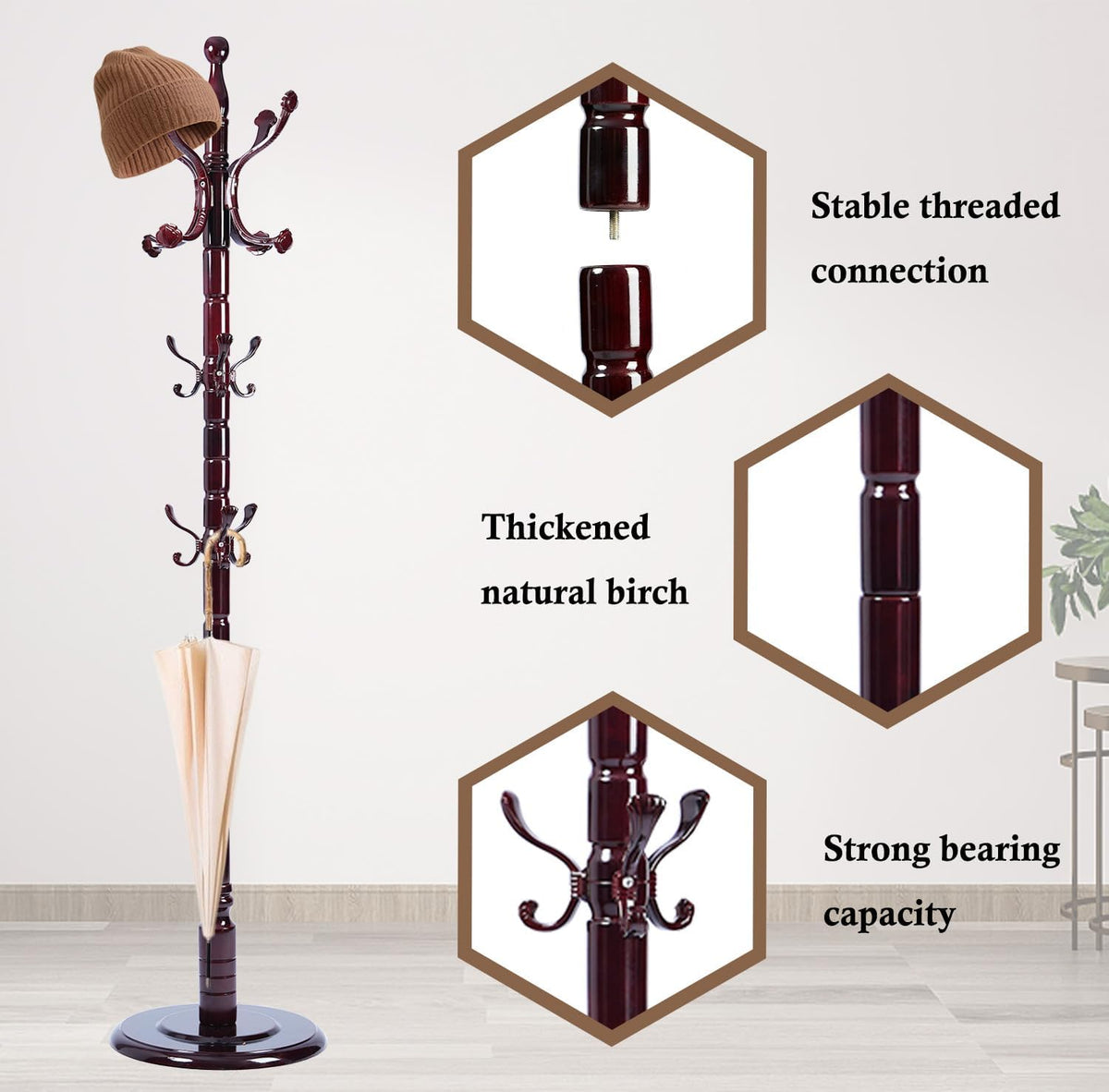 Coat Rack Stand, Solid Wooden Coat Tree with 14 Hooks, Heavy Duty Coat Rack Freestanding with Sturdy Round Base, Natural Birch Wood Coat Hanger Stand for Entryway Bedroom (Ruyi)