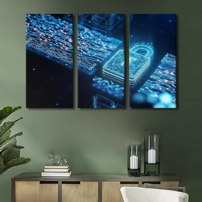 TUMOVO 3 Panel Canvas Wall Art Cybersecurity and Privacy Concepts to Protect Data Posters Modern Canvas Print for Living Room Bedroom Wall Decoration Wooden Framed Ready to Hang, 60" Wx40 H