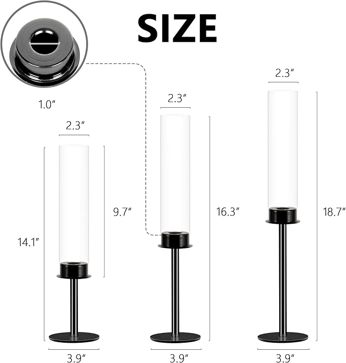 Hurricane Candle Holders Metal Candlestick Holder for Glass Taper Tall Candle Holders with Crystal Chimney Tube Candles Stands for Home Decor, Christmas, Dinning (18, Black)