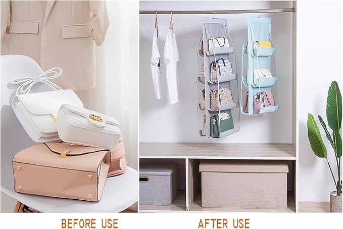 MURRI&MURRDI 1 Pack Hanging Handbag Organizer for Closet, Purse Storage Holder with 8 Easy Access Clear PVC Pockets, Purse Hanger for Wardrobe Space Saving Hanging Bags (Gray)