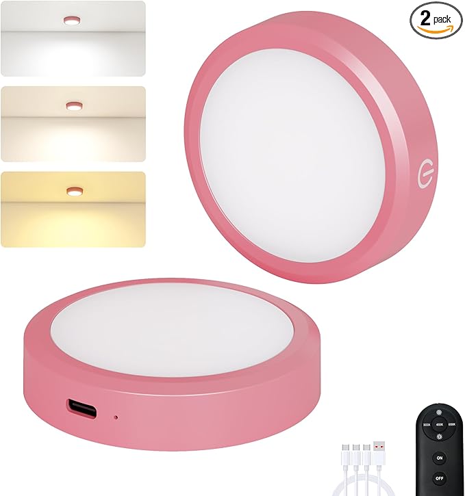 Rechargeable Puck Lights with Remote Control,LED Under Cabinet Light with Full-Screen,3 Color Temperatures Stick On Light Wireless, Tap Lights for Kitchen,Cabinet,Counter,Closet,Shelf,2 Pack, Pink