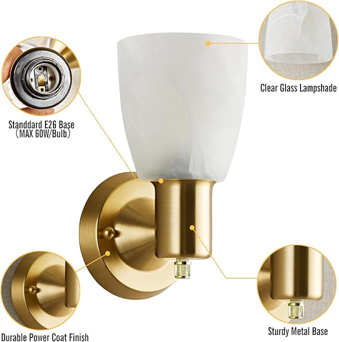 Wall Sconces Set of 2, Gold Vanity Lights for Bathroom, Modern Wall Light Fixtures with Rotary Switch, Wall Mount Light with Frosted Glass, Farmhouse Lamp for Bedroom Living Room