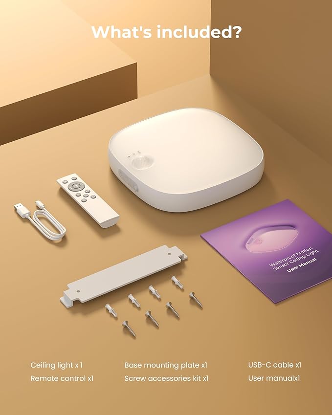 FULEN Shower Lights IP65 Waterproof, Motion Sensor Ceiling Light, Rechargeable Closet Light with 10000mAh Battery, LED Shower Lamp for Bathroom, Cordless Ceiling Lamp with RGB Colors, Remote Control