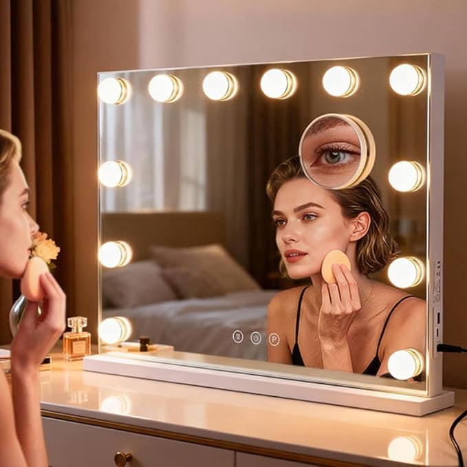 M MIVONDA Vanity Mirror with Lights, Lighted Makeup Hollywood Mirror with Dimmable 3 Color Lights LED Bulbs for Desk and Wall, Mirrors with Plug-in and USB Charger for Bedroom