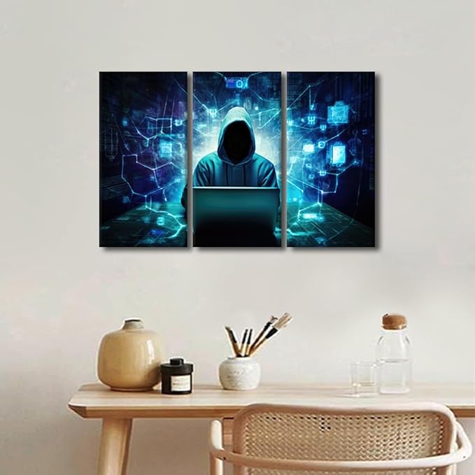TUMOVO 3 Panels Wall Art AI Big Data Pictures Prints on Canvas Hacker Malware Artwork for Home Walls Hacker Paintings Canvas Print Room Wall Decorations Stretched and Framed Ready to Hang, 36" Wx24 H