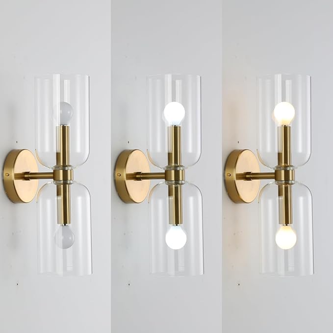 Minimalist 2-Light Gold Wall Sconces with Cylinder Glass Shades- Mid Century Vanity Wall Double Lights Hardwired- Modern Indoor Glass Wall Mounted Art Decor Lights (Clear, 1 Pack)