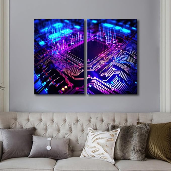 3 Pieces Circuit Board Canvas Wall Art Paintings Home Decor Semiconductor Chip Canvas Prints Picture for Living Room Modern Artwork Minimalism Posters Framed Stretched, 24" Wx16 H