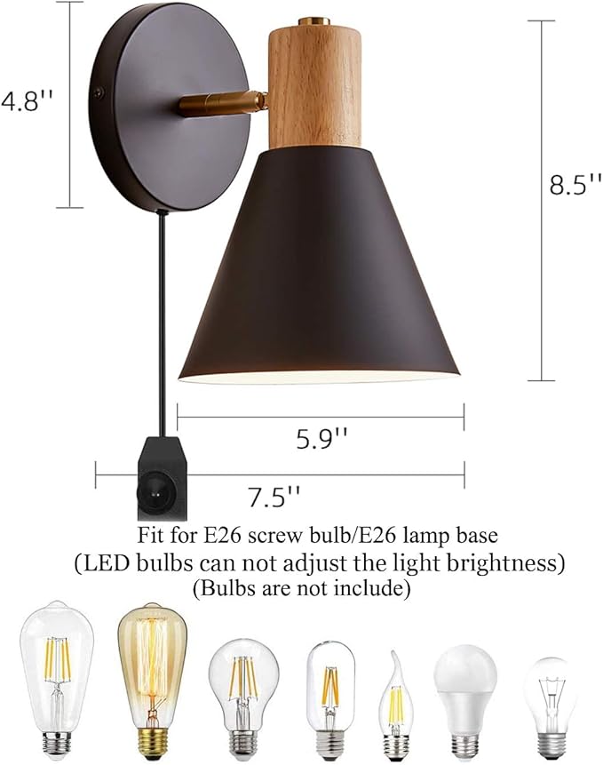 ClanKin Plug in Wall Sconces Lighting for Bedroom, Black Dimmable Wood Style Wall Sconce Reading Lamp, Adjustable Wall Light for Bedroom Hallway Living Room (Black-Plug in, 1)