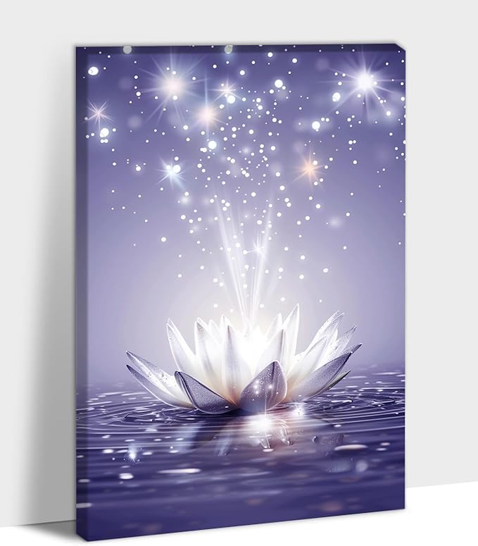 Zen Canvas Wall Art, White Lotus Flower Bloom in Water Picture, Zen Blue Flower Painting, Modern Framed Spiritual Home Artwork for Yoga Spa Meditation Spiritual Room Living Room Office 24x36 inch