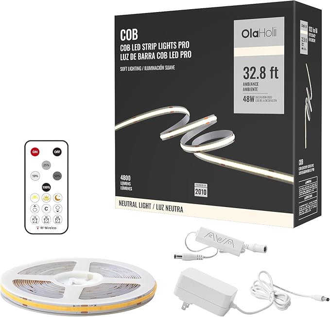 32.8ft COB Led Strip Light with Remote, 4000K Dimmable Bright Led COB Strip Light, White Continuous Led Strip Light for Mirror, Stair, Cabinet, Room