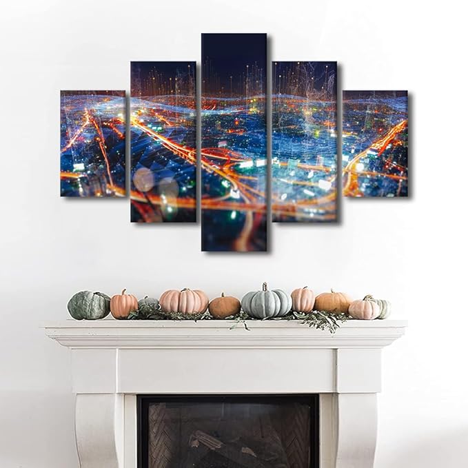 Modern Internet Canvas Poster 5 Panel Metaverse Concept Picture Smart City Home Decoration Internet Companies Office Meeting Room Wall Art Decorate Frame and Stretched Ready to Hang 60x40 Inch