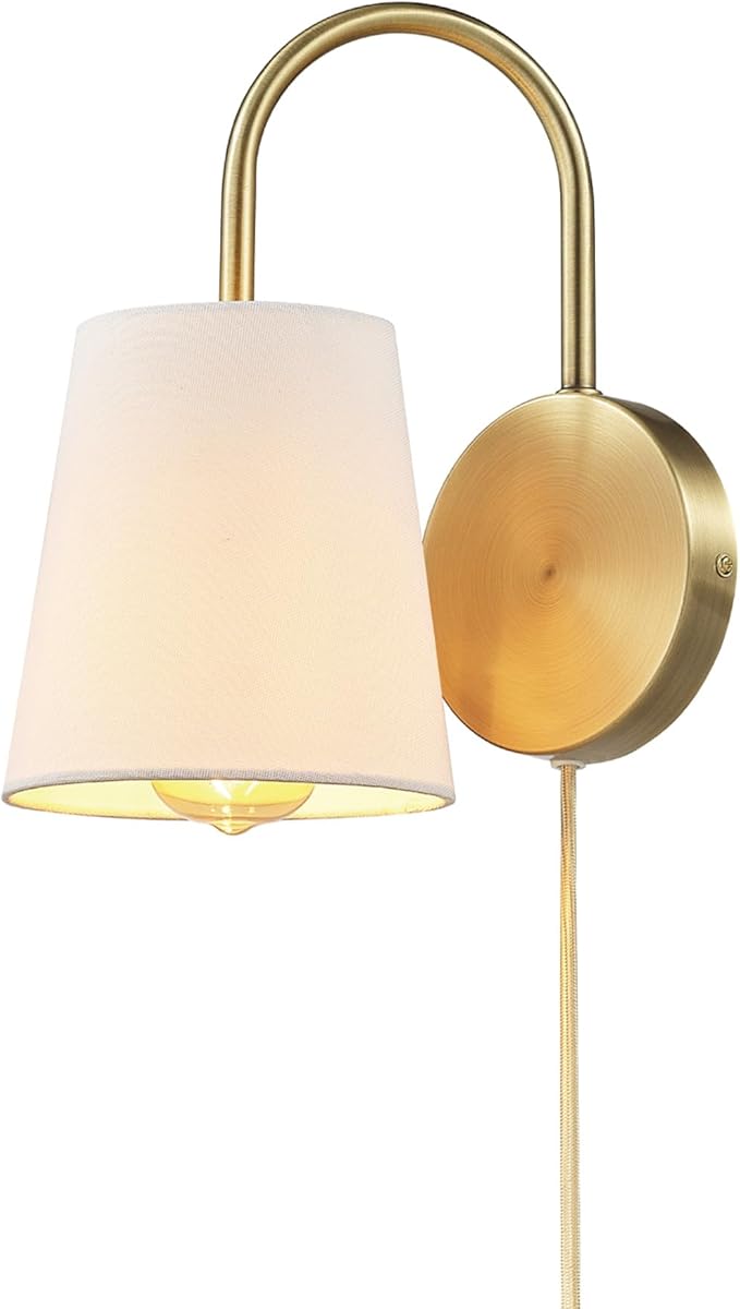 Globe Electric 65000053 1-Light Hardwire or Plug-in Wall Sconce, Matte Brass, White Textured Shade, Arched Arm, Lighting, Home Decor, Lights for Bedroom Plug in
