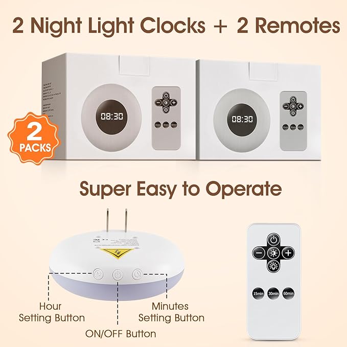 【2 PACK】 Bathroom Clock,10 Levels Dimmable+3 Light Colors+Remote Shower Clock+Bathroom Night Light, 90 Lumen Shower Timer+Light Timer, Aora Night Light, Nightlight Plug in Night Lights for Wall Socket