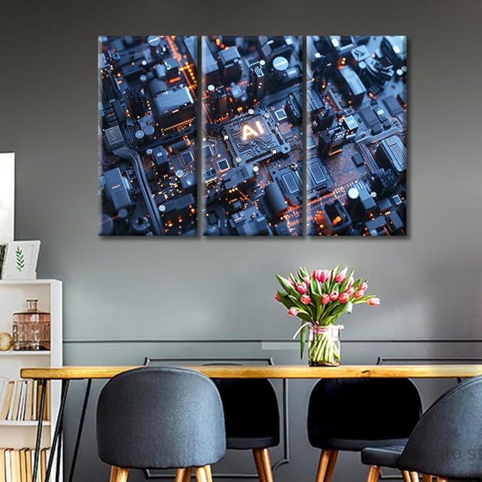 Motherboard Digital Chip Wall Art for Living Room Chip Canvas Wall Art Pictures Poster Modern Wall Decor Art for Bedroom Office Paintings Framed Gallery-Wrapped Ready to Hang (42"Wx28"H)