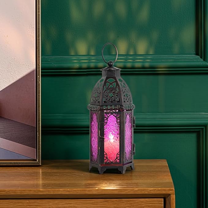 DECORKEY Halloween Lanterns Decorations Indoor & Outdoor, 11’’ Medium Size Vintage Metal Hanging&Tabletop Candle Holder Decor, Christmas Ramadan Decorations for Home Porch Patio (Purple)