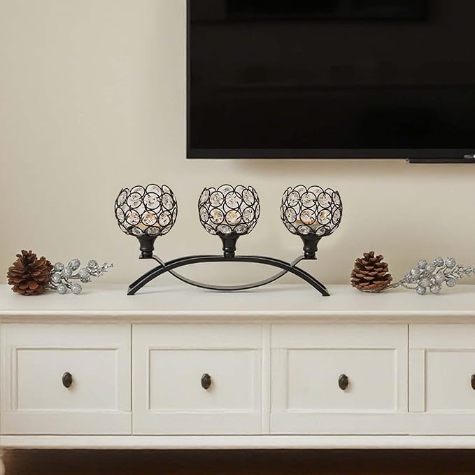 Crystal Tealight Candle Holder Centerpiece Home Decorative Candlestick Holder Elegant Table Centerpiece Home Decor Wedding Party Anniversary (Black, 3 Arm)