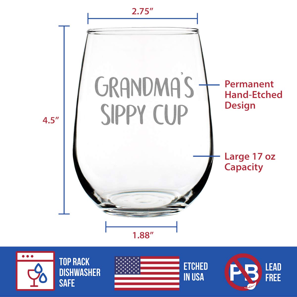 Bevvee Grandma's Sippy Cup - Stemless Wine Glass Gift for Grandmothers - Cute Birthday Glasses - Large 17 Oz