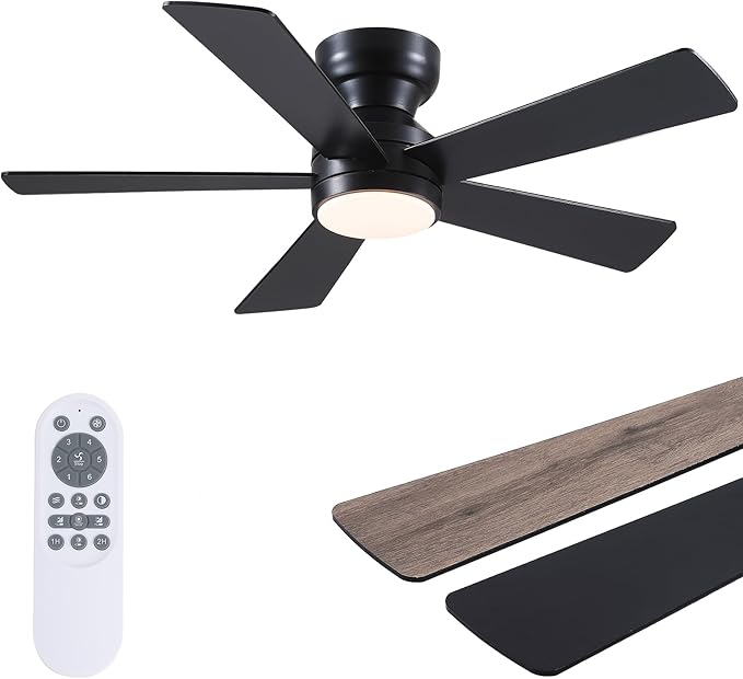 Black Ceiling Fans with Lights - 46" Flush Mount Ceiling Fan with Remote and 5 Reversible Blades, 3CCT Dimmable, 6 Wind Speeds&2H Timer, Indoor Low Profile Fan Light Fixture for Modern Bedroom
