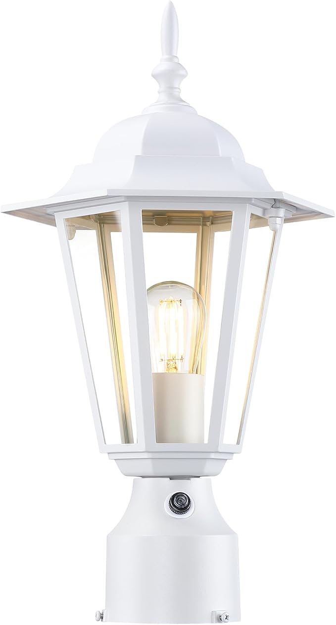 Dusk to Dawn Outdoor Post Light, Pole Lantern, Waterproof Die-Cast Aluminum Pole Light Fixture with Glass, Exterior Post Lamp for Garden Yard Patio Pathway, Matte White, 1-Pack