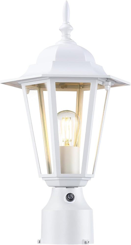 Dusk to Dawn Outdoor Post Light, Pole Lantern, Waterproof Die-Cast Aluminum Pole Light Fixture with Glass, Exterior Post Lamp for Garden Yard Patio Pathway, Matte White, 1-Pack