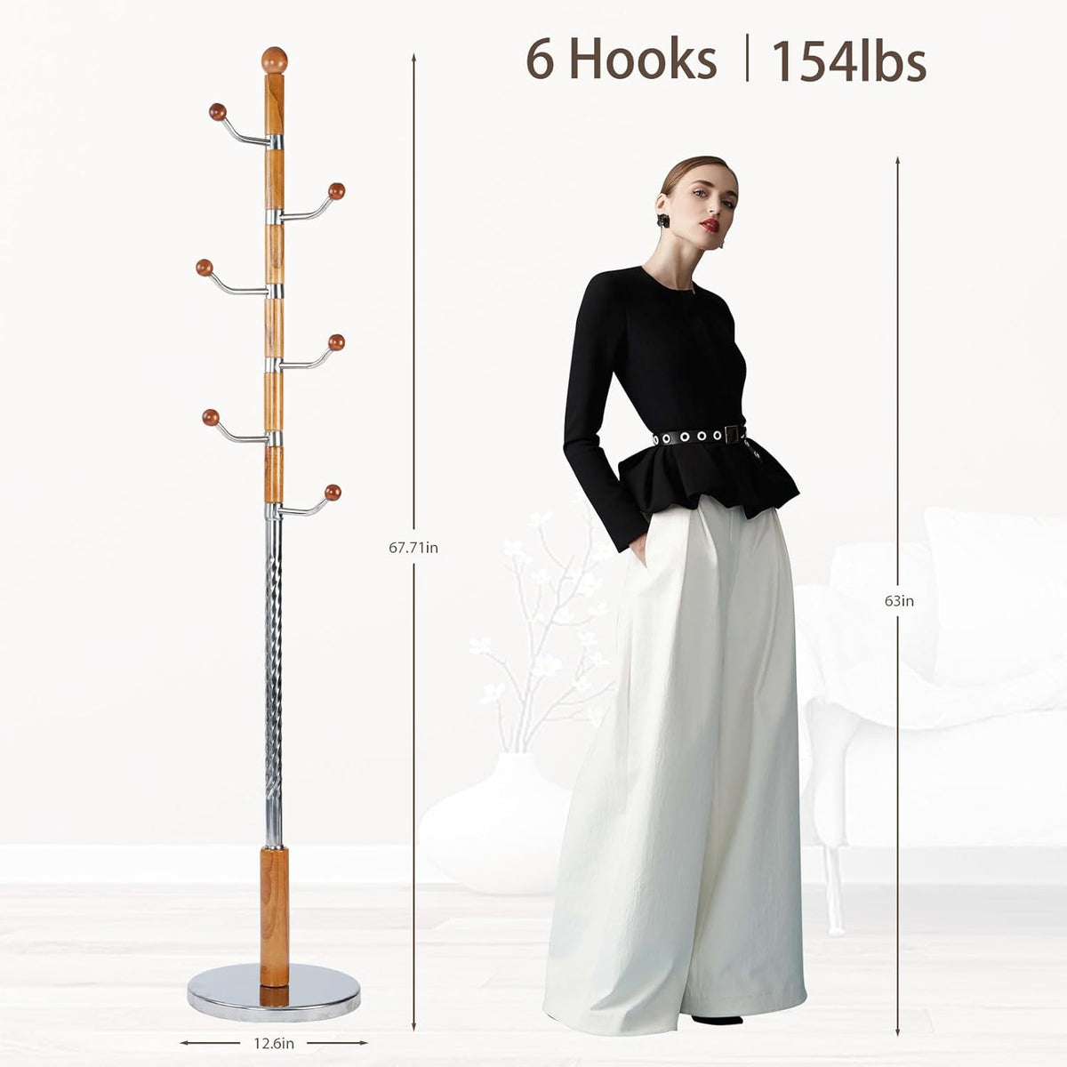 Coat Rack Freestanding, Metal Wooden Coat Tree with 6 Hooks, Heavy Duty Coat Hanger Stand with Resin and Stainless Steel Base, Free Standing Hall Tree for Scarf, Bag, Jacket (Metal)