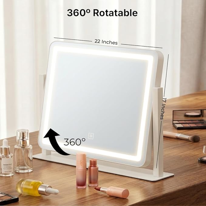 Vanity Mirror with Lights, 17''x22'' Lighted Makeup Mirror, LED Makeup Mirror, Smart Touch with 3-Color Lighting Modes, Dimmable, for Bedroom Tabletop - White