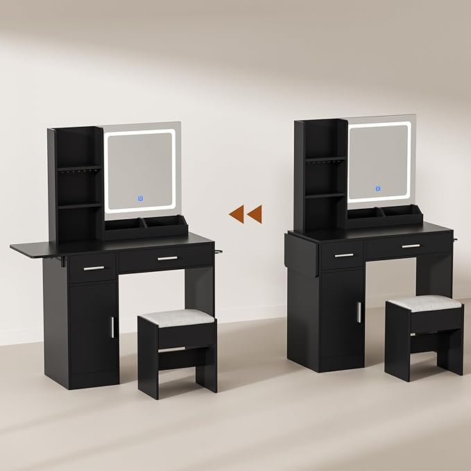 Vanity Desk with Mirror and Lights & Extral Foldable Desk, 35.43" & 43.3" Makeup Vanity Table with Stool and Plug Outlet, 5 Drawers and Open Shelves Dressing Table for Bedroom,Black