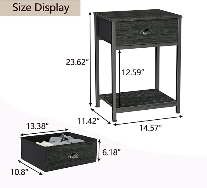 Furologee Nightstands Set of 2, Industrial End Table with Fabric Drawer&Storage Shelf, Small Bedside Table Organizer for Small Space for Living Room, Tall 23.6" Night Stand for Bedroom, Black Oak
