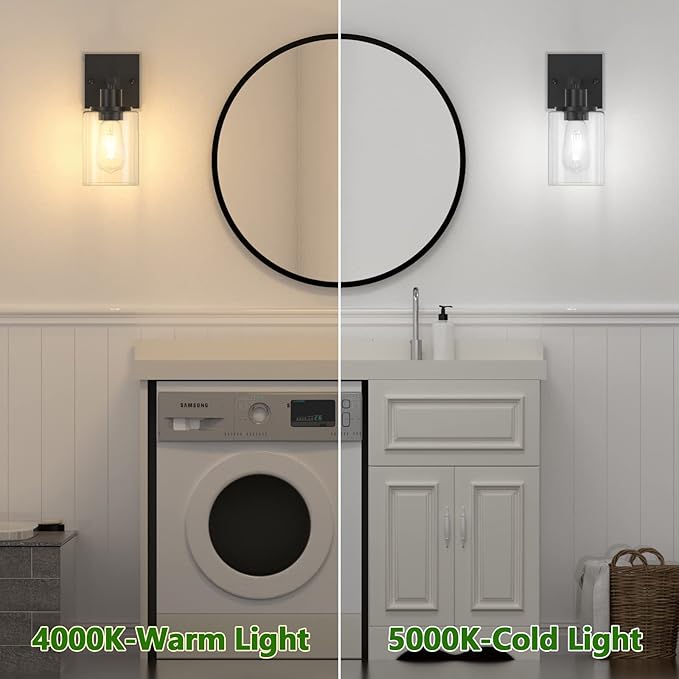 Licperron Black Vanity Wall Sconces Set of Two, Modern Sconces Wall Lighting Fixture with Clear Glass Shade for Bathroom, Industrial Metal Wall Mount Lamp for Bedroom Mirror Living Room