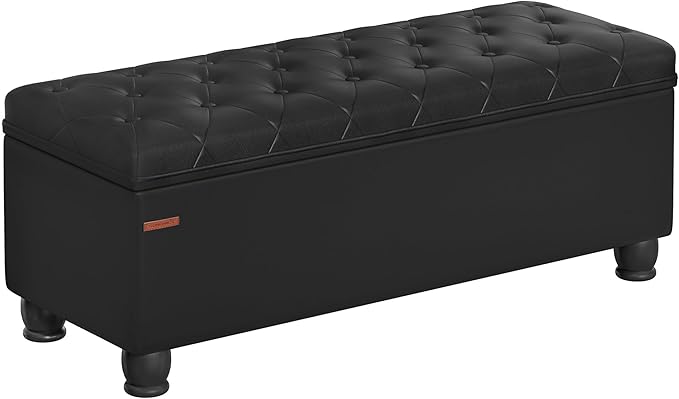 SONGMICS Storage Ottoman, Storage Bench, Tufted Entryway Bedroom Bench, 17.7 x 46.5 x 17.7 Inches, Hinges Easy Lid Operation, Wooden Legs, Synthetic Leather, Loads 330 lb, Classic Black ULOM071B01