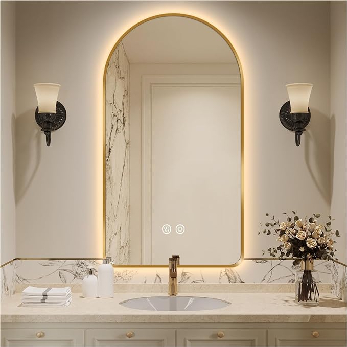 32"L x 20"W Arched LED Bathroom Mirror, Brushed Gold Frame, Backlit Vanity Mirror with Lights, Wall Mounted Lighted Mirror, Dimmable 3-Color Shatter-Proof Arch Smart Mirror, UL-Listed, CRI≥93