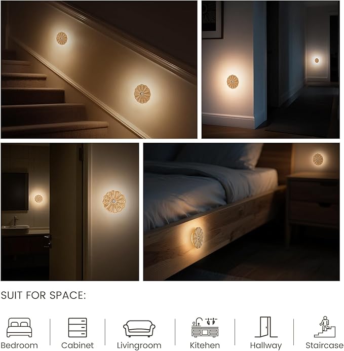 Motion Sensor Night Light Wooden Carved Flower Mini USB Rechargeable Stick-On Step Lights Magnetic Wall Lights for Hallway Bedroom Living Room Stair (2 Pack Ash Wood)