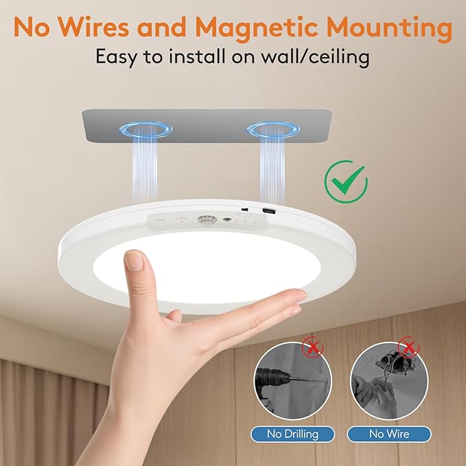 Motion Sensor Closet Light Indoor, Fast Charging Wireless Ceiling Light with Remote, Rechargeable Battery Operated Lights, Shower Light for Cabinet Bathroom Stairs Hallway Pantry 7.48 Inch