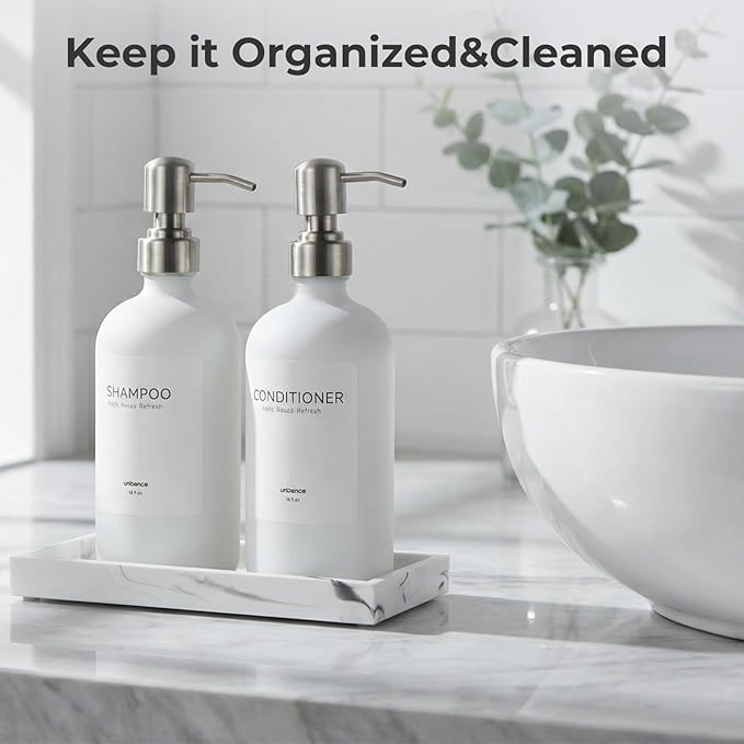 White Glass Soap Dispenser Set for Kitchen, Hand and Dish Soap Dispenser with Stainless Steel Pump & Resin Tray, Perfect for Kitchen,Hotel Rental-Modern Sink Decor for Kitchen & Bath