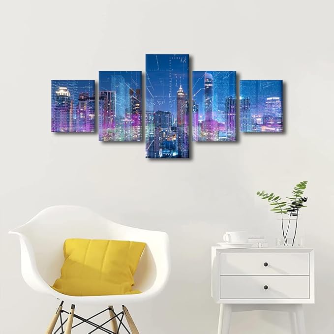 Wall Art for Living Room Wireless Network Picture Printing Meeting Room Wall Decor Company Corridor Wall Decoration 5 Panel Smart City Landscape Poster Frame and Stretched Ready to Hang 50x24 Inch
