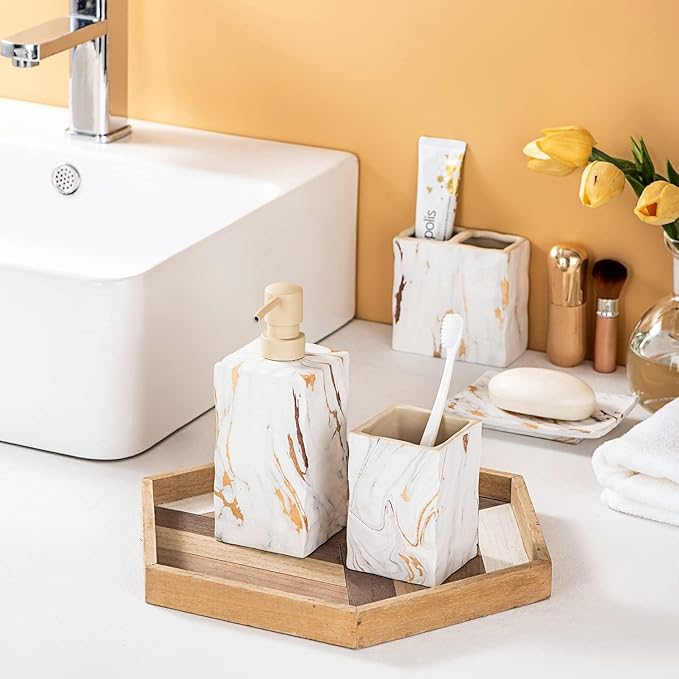 RQYIXI Bathroom Accessories Set 4 Pcs Marble Look Sets Toothbrush Holder Soap Dispenser Counter Top Ceramic Bathroom Decor Set Gold