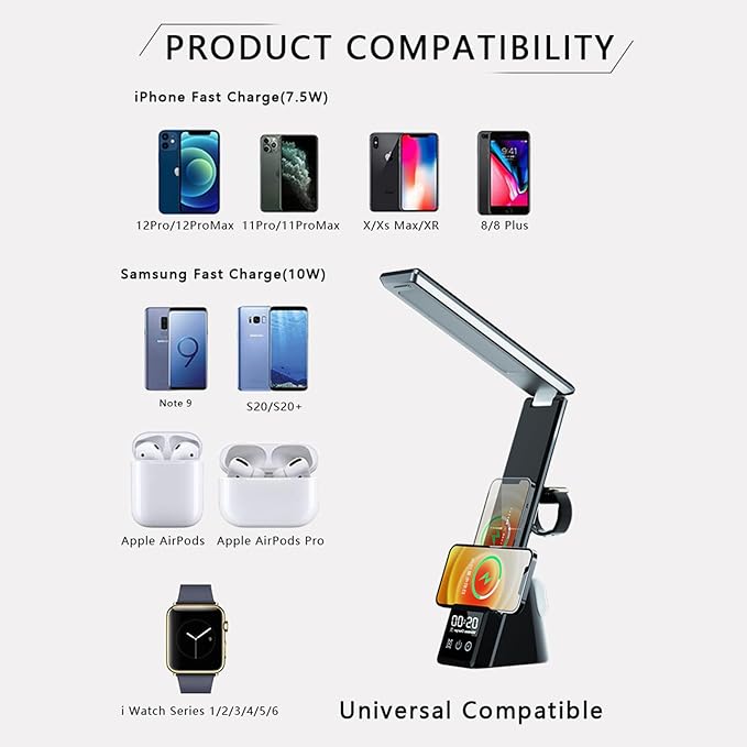 Multi-Functional Desk lamp with Wireless Charger, Featuring Clock, Alarm, Adjustable Lighting, and Supporting All wirelessly Chargeable Phones, Watches, and Earphones, N61 White.
