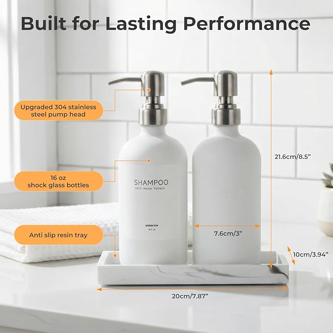 White Glass Soap Dispenser Set for Kitchen, Hand and Dish Soap Dispenser with Stainless Steel Pump & Resin Tray, Perfect for Kitchen,Hotel Rental-Modern Sink Decor for Kitchen & Bath