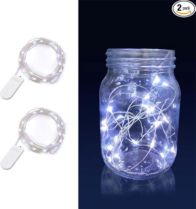 2 Pack Led Fairy Lights Battery Operated String Lights Waterproof Silver Wire 7 Feet 20 Led Firefly Starry Moon Lights for DIY Wedding Party Bedroom Patio Christmas (2 Pack, White)