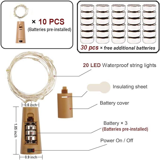 MUMUXI 10 Pack Bottle Lights with Cork Switch, 3.3ft 20 LED Warm White String Lights, Universal Fit for Wine and Liquor Bottles, Ideal for Christmas, Indoor and Outdoor Decoration, Easy to Use
