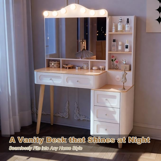 Vanity Desk with Mirror and Lights,Makeup Vanity with 2 USB Power Strip,Vanity Set with Two Drawers and Three-drawer Chest, 3 Lighting Modes Adjustable Brightness, Foldable Three-sided Mirror(White)