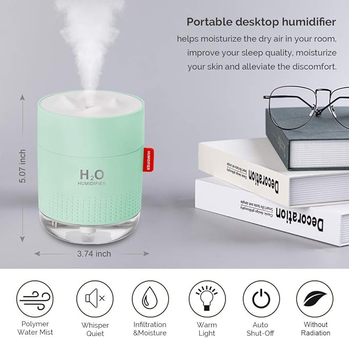 Green Portable Mini Humidifier, 500ml Small Cool Mist USB Desktop Humidifier for Baby Bedroom, Travel, Office, Home - Auto Shut-Off, 2 Mist Modes, Super Quiet